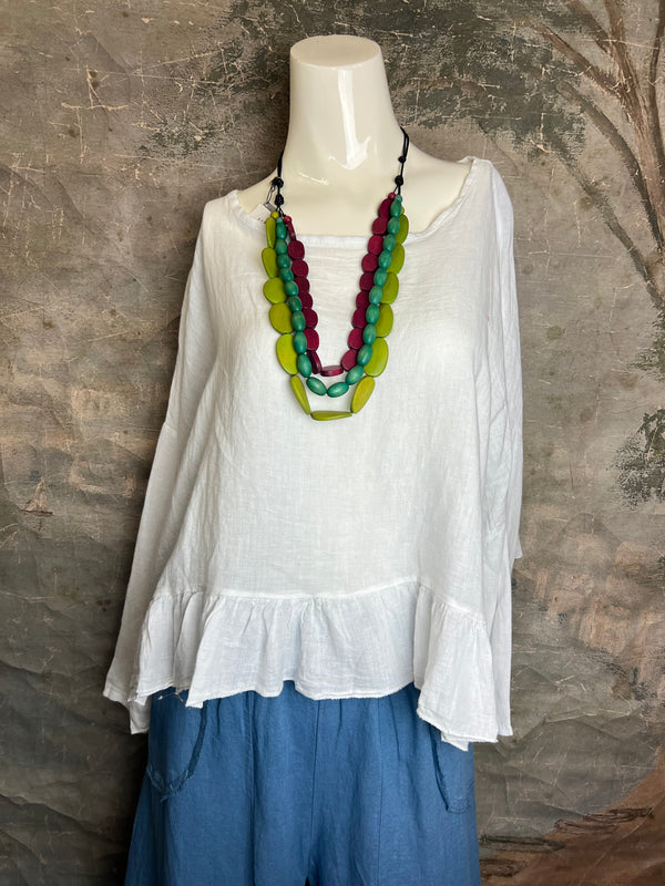 31172 Linen Ruffle Hem Crop Top-White