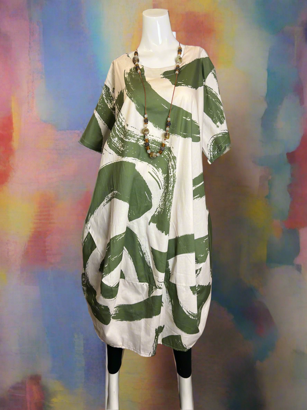 91907 ART Brush Stroke Dress-Olive