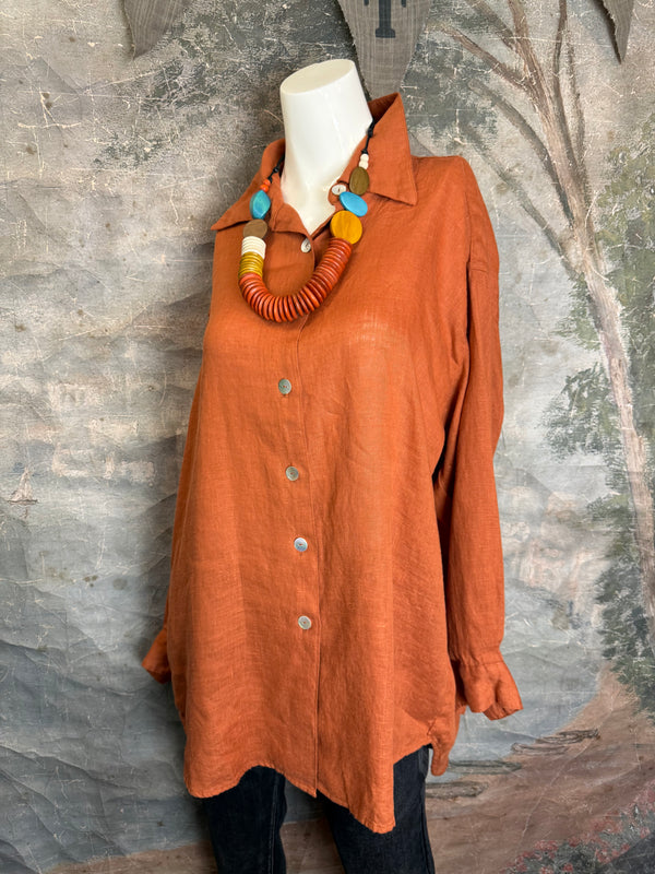 5021 Bettys Linen BF Bow Shirt-BRICK