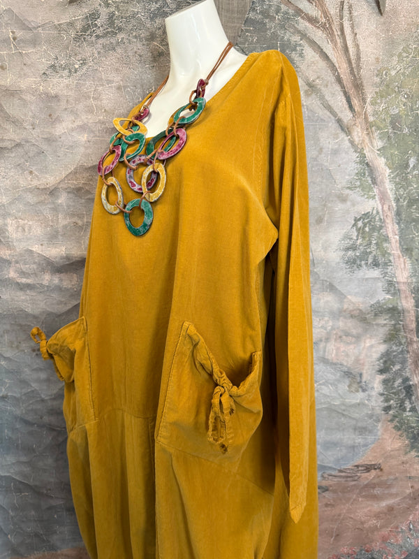 92003 Corduroy Pocket Dress-Mustard