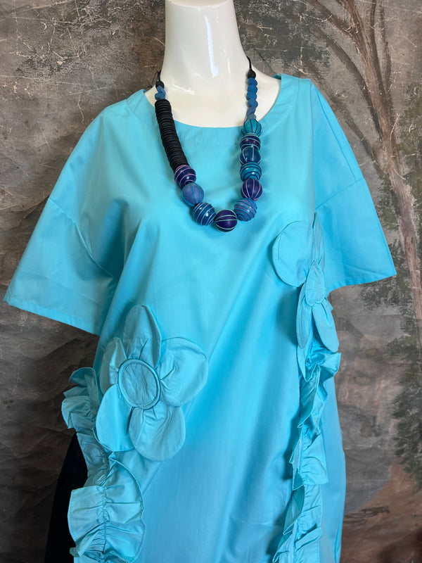 90915 Floral Applica Tunic W/Slits-Blue
