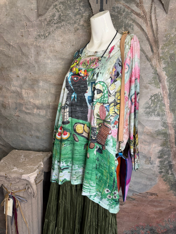 Burnout one size tunic top with whimsical tea party print in green, pink and black with colorful knotted necklace - 13