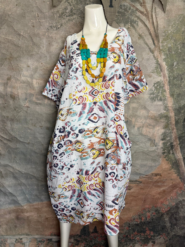 90847 Paint Splotch Print Dress-White