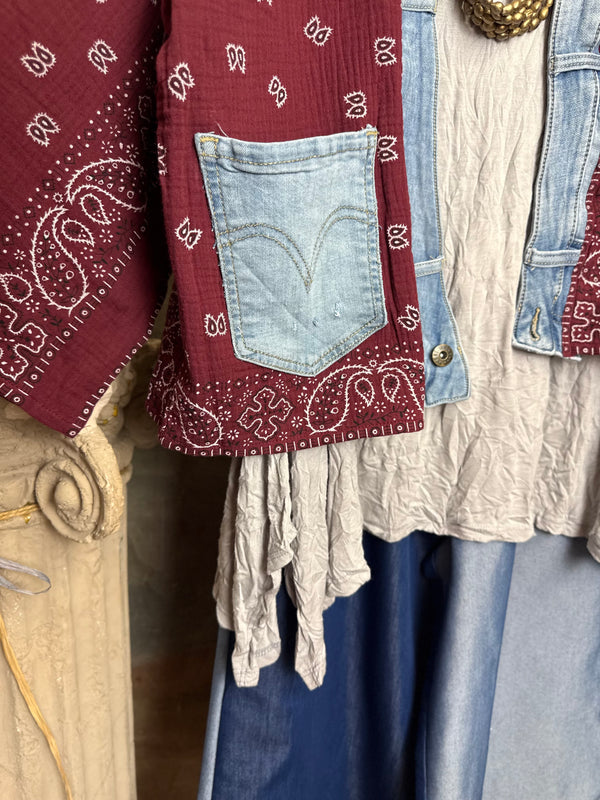Burgundy bandana print short kimono with denim pocket accents, layered over white top and blue denim skirt with bead nec - 8