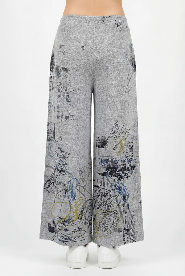 B26T wide leg palazzo pants in heather gray with abstract graffiti print, elastic waist, relaxed fit - 2