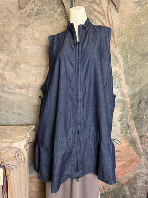 Long denim zip-front sleeveless vest with drawstring hem displayed on mannequin, boutique Merritt style - 2