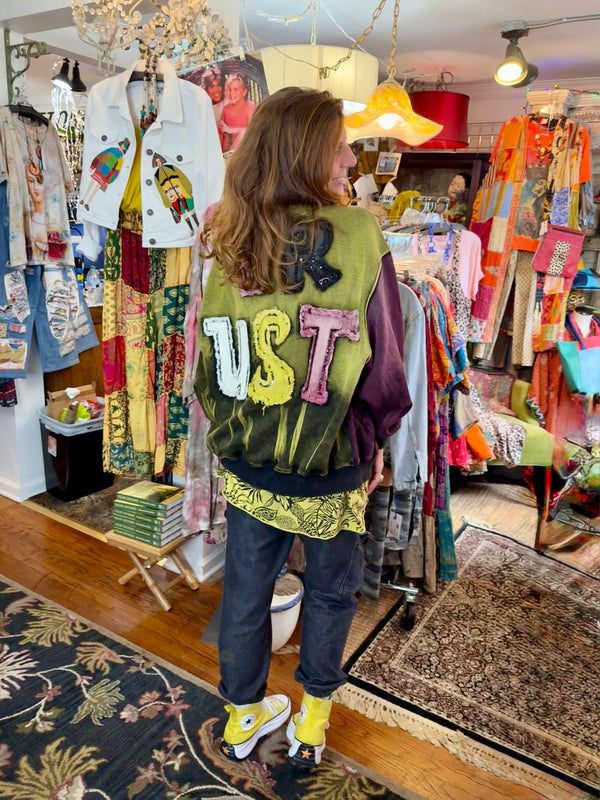 Sequin R&L patch bomber jacket in purple and yellow-green ombre with floral accents, styled with tiered maxi skirt - 4