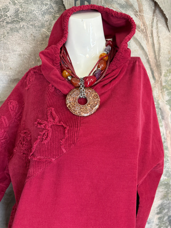 92178-62 Needlework Hoody Dress-Burgundy