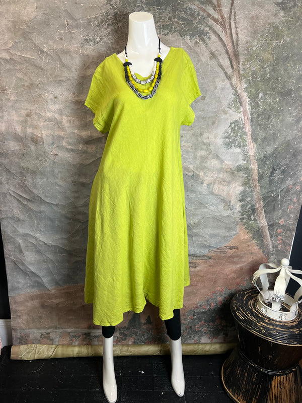 30638 Linen V-neck Flare Dress-Moss Green