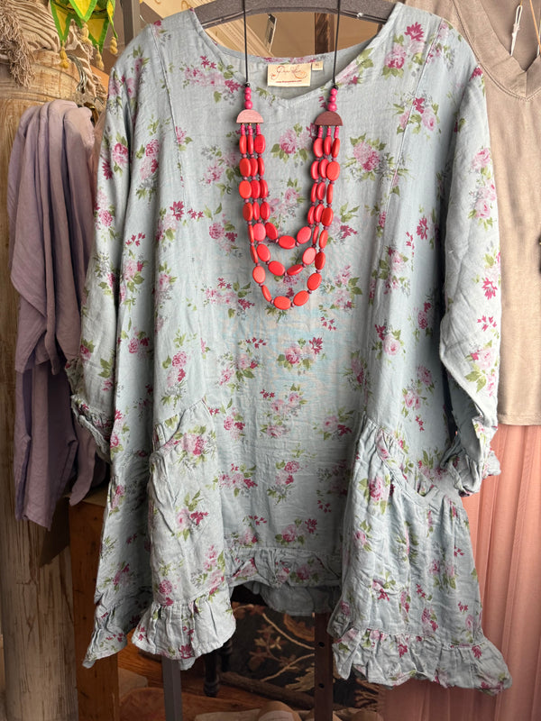 Floral linen tunic dress in sage blue with pink roses, ruffled hem, styled with red beaded layered necklace, size XL - 1