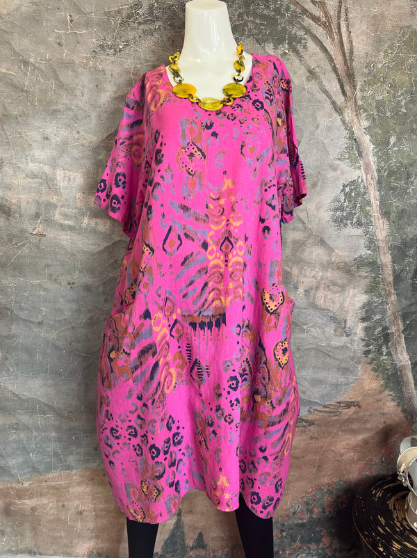 90847 Paint Splotch Print Dress-Fuchsia