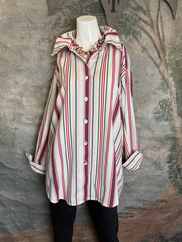 5021 Bettys Linen BF Bow Shirt-CANDYCANE