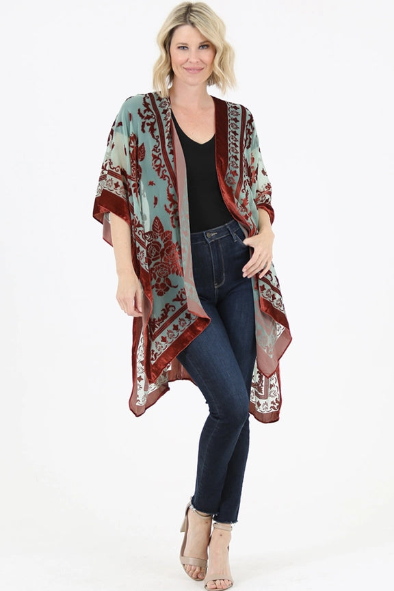 N2CH6ASIS Burnout Velvet Kimono-Rust/Turq