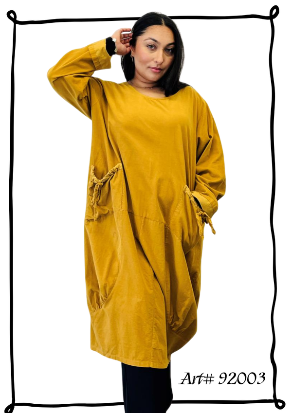 92003 Corduroy Pocket Dress-Mustard