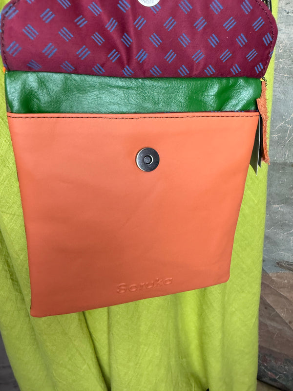 Soruka burgundy leather crossbody bag with orange trim and silver zipper, colorblock mini purse with chain strap - 15