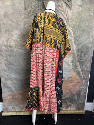 Black and yellow floral kantha quilted tiered maxi dress with wide sleeves on mannequin, bohemian style - 2