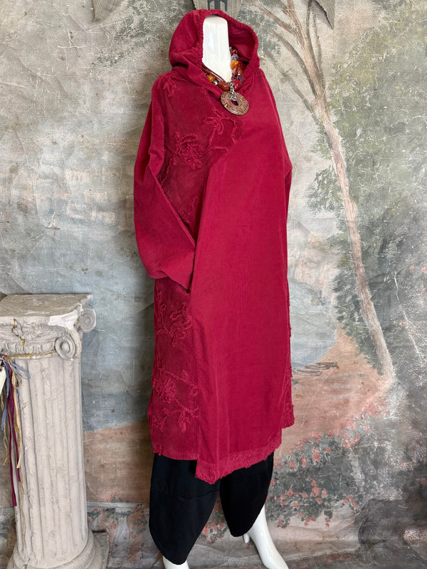 92178-62 Needlework Hoody Dress-Burgundy