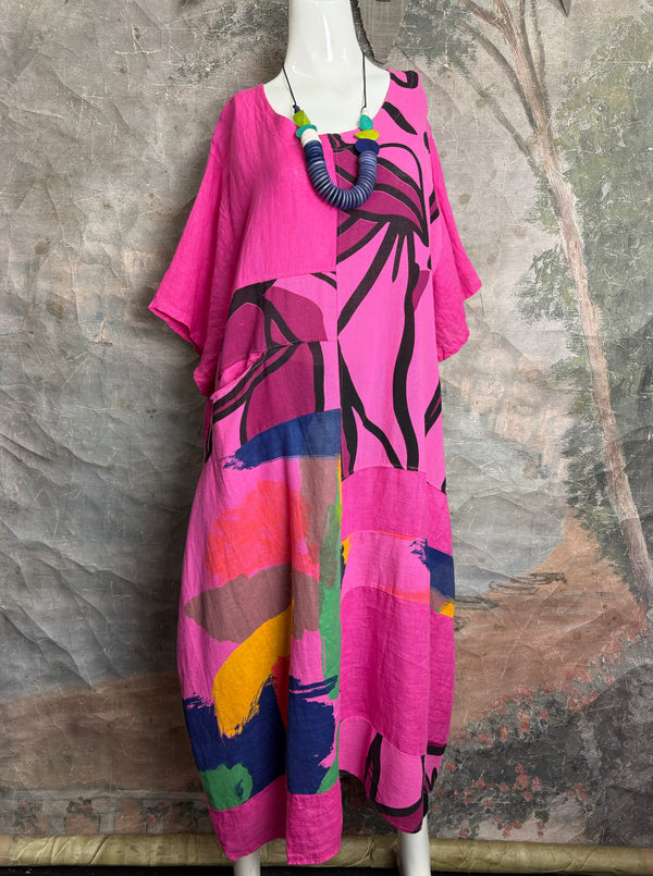 90617P-23 Linen Paint Dress-Fuchsia