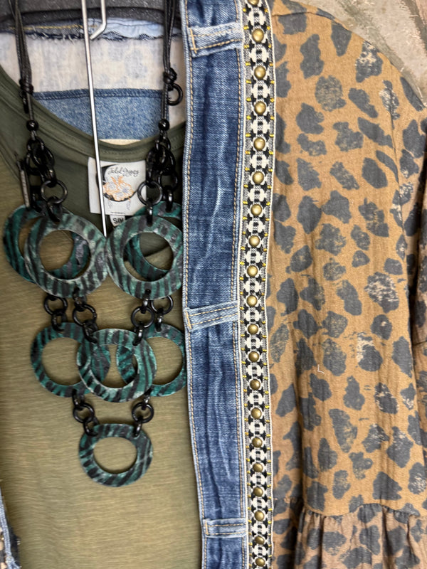 Leopard print Juno Cardigan with denim trim over olive tee and distressed jeans with turquoise ring necklace - 9