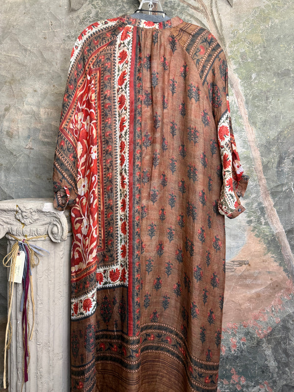 DYM287 Bohemian floral block print poet maxi dress in rust red and brown with chain necklace accent - 10