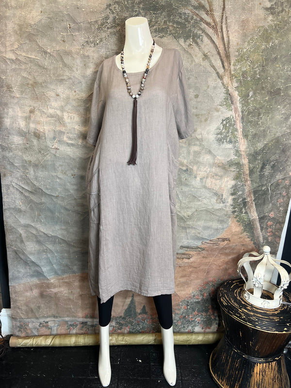 31173GN Linen Tape Accent Dress-Taupe