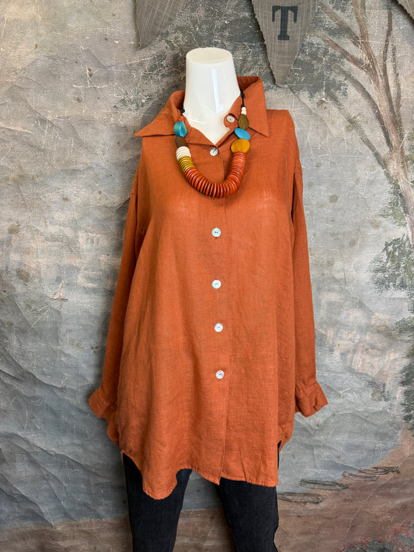 5021 Bettys Linen BF Bow Shirt-BRICK