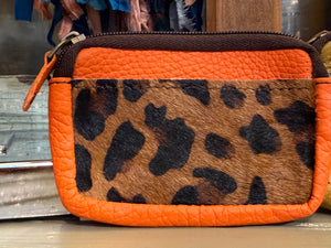 Orange leather coin pouch with leopard print calf hair panel and zip closure, KAI 81004 boutique accessory - 1