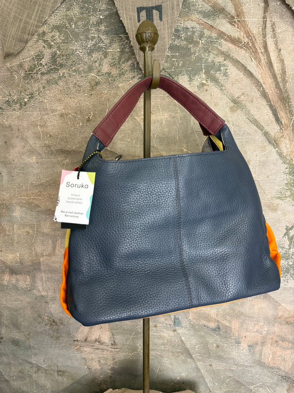 Soruka Agatha navy blue recycled leather crossbody bag with burgundy handle and orange lining, Barcelona handcrafted - 1