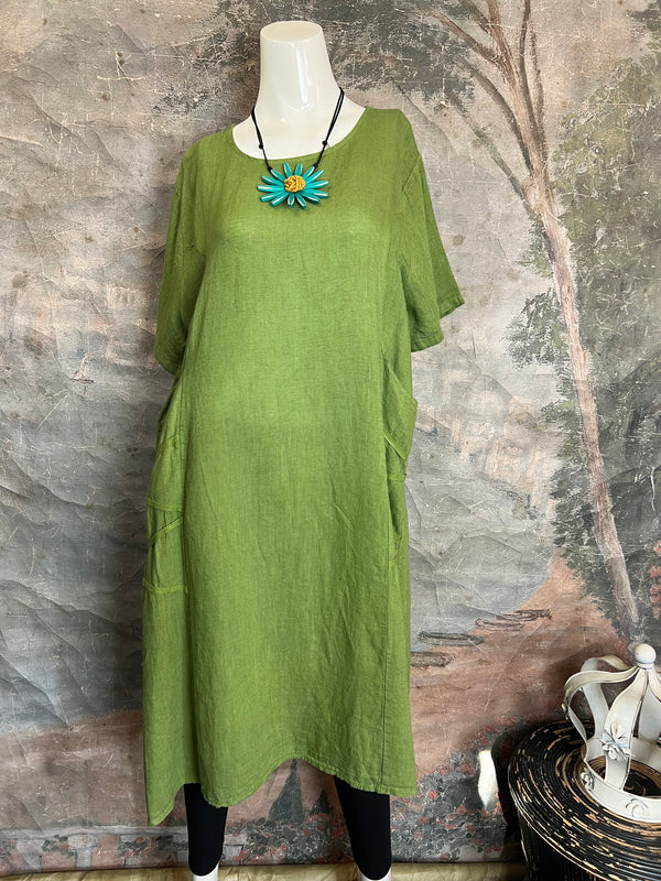 31173GN Linen Tape Accent Dress-Kiwi