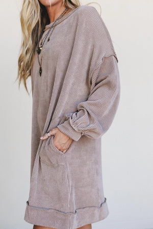 TBN1678 Moon Glow taupe ribbed mini dress with pockets, long sleeves, worn with gray cowboy boots - 2