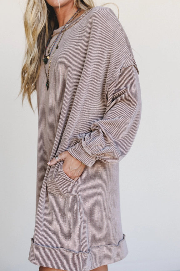 TBN1678 Moon Glow taupe ribbed mini dress with pockets, long sleeves, worn with gray cowboy boots - 2