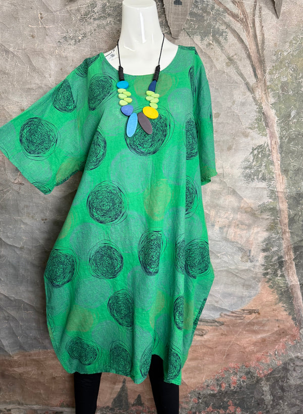 91311A Circles Drawstring Dress-Green