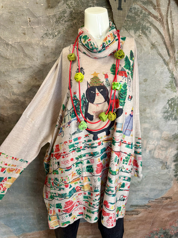 T1097 Cowlneck Dolman Slv Top-Howliday Greetings