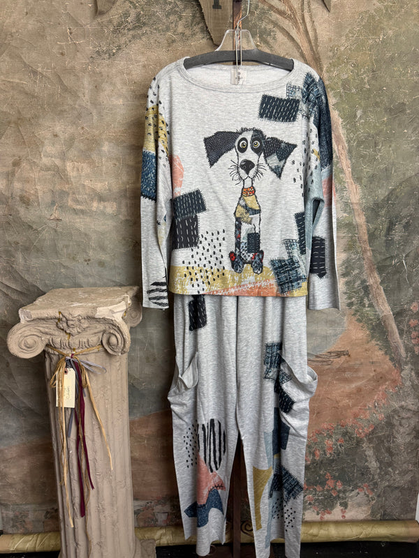 T434F Dolman Sleeve Crewneck Top Mister Patches gray abstract patchwork cat print with blue beaded necklace - 7