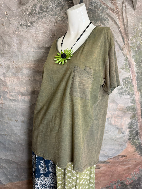 JG- Moon Dance V-Neck Tee-Vintage Moss