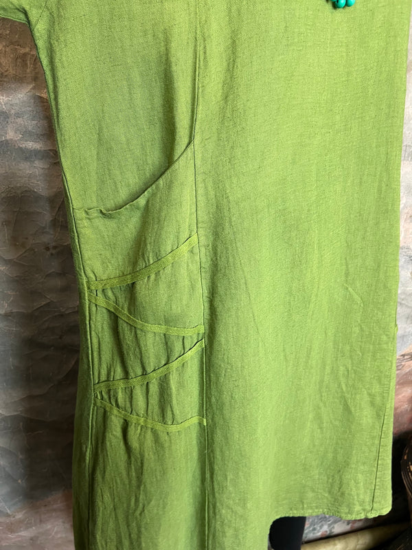 31173GN Linen Tape Accent Dress-Kiwi