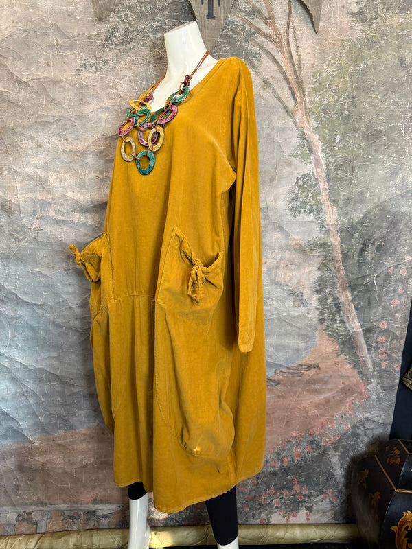 92003 Corduroy Pocket Dress-Mustard
