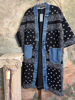 Black bandana paisley quilted cardigan jacket with denim trim pockets and snap buttons, long boho kimono style - 1