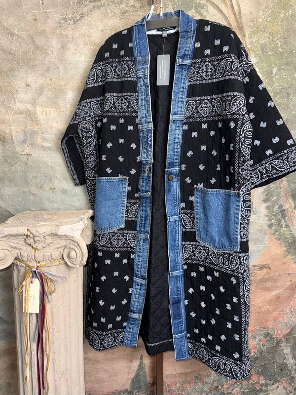 Black bandana paisley quilted cardigan jacket with denim trim pockets and snap buttons, long boho kimono style - 1