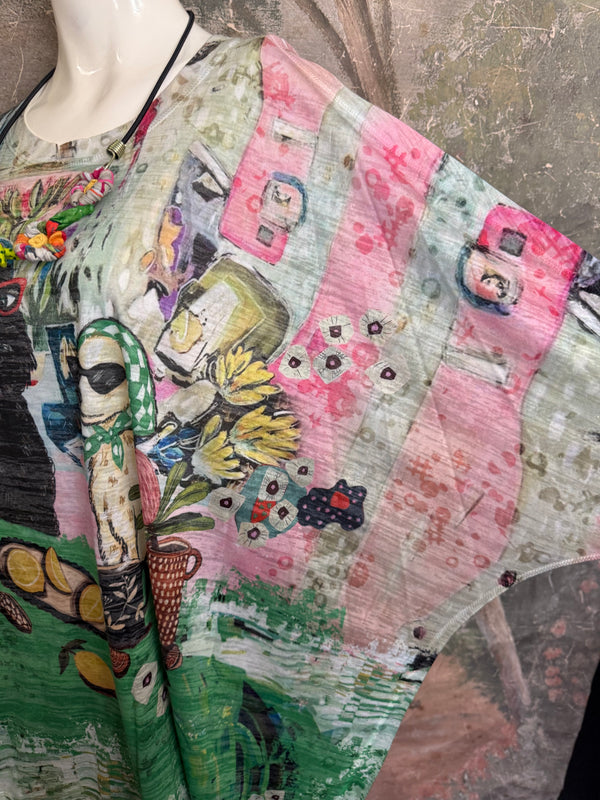 Burnout one size tunic top with whimsical tea party print in green, pink and black with colorful knotted necklace - 10