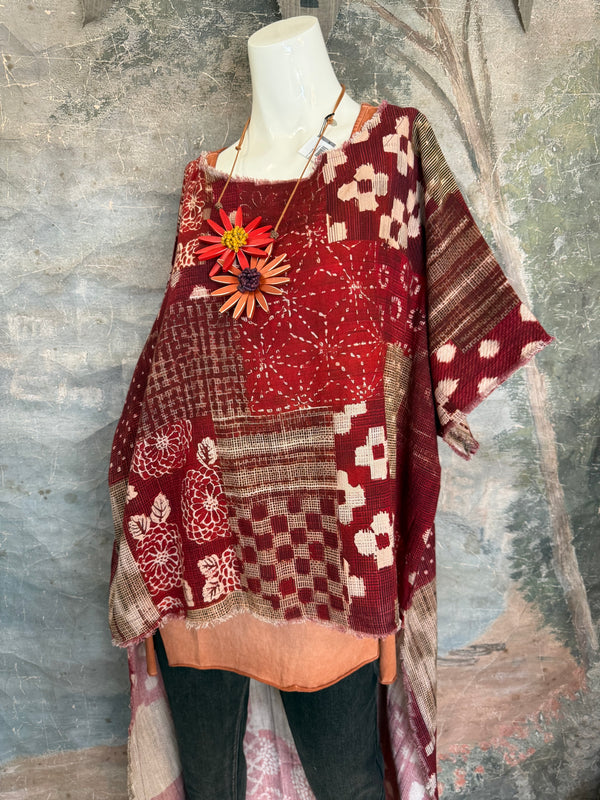 782 High Low Linen Tunic Top-Red/LOVE