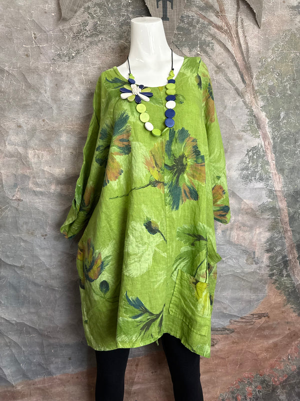 91225 Flower Garden Linen Top-Kiwi