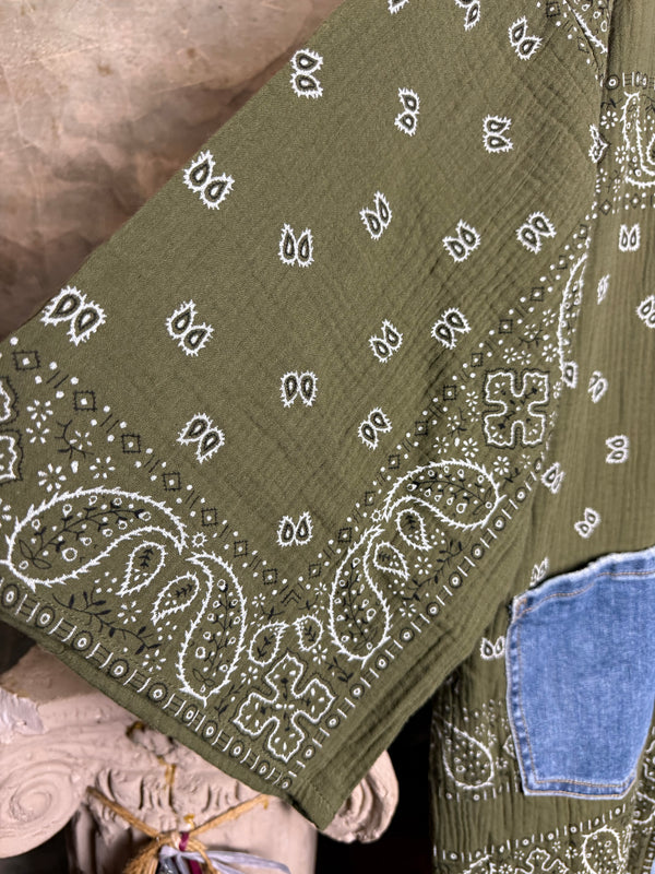 Olive bandana paisley print long kimono cardigan with light blue denim trim and front patch pockets - 4