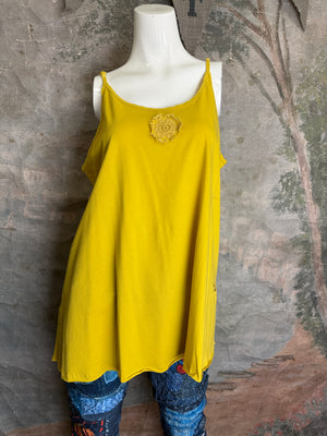 Sunshine yellow swing cami tank with raw lace appliqué details on mannequin, boho boutique style - 2