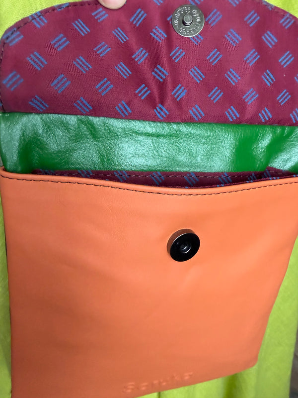 Soruka burgundy leather crossbody bag with orange trim and silver zipper, colorblock mini purse with chain strap - 14
