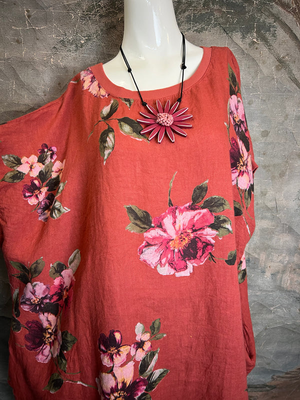 5202 Rosabella Floral Top/Dress-Burnt Red