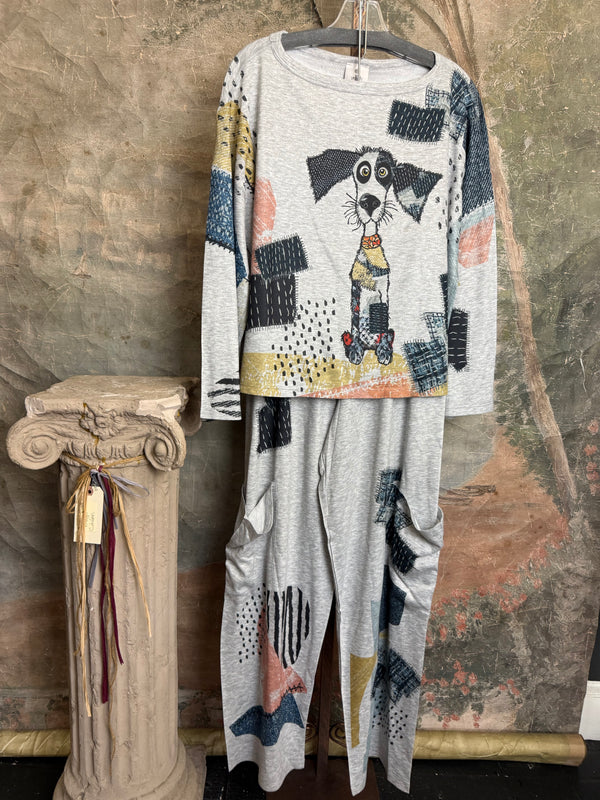 T434F Dolman Sleeve Crewneck Top Mister Patches gray abstract patchwork cat print with blue beaded necklace - 8