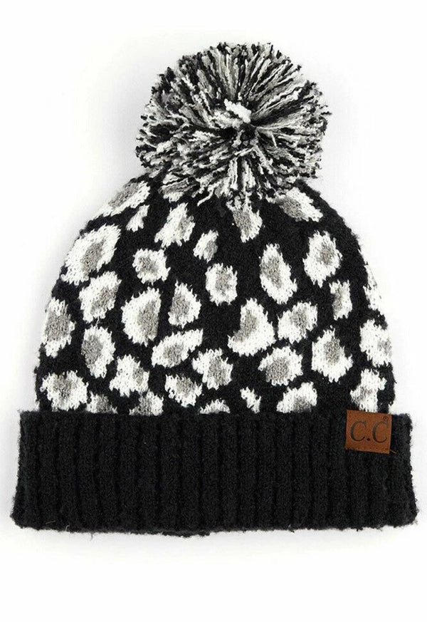 C.C Jacquard Knit Leopard Print Cuff Beanie