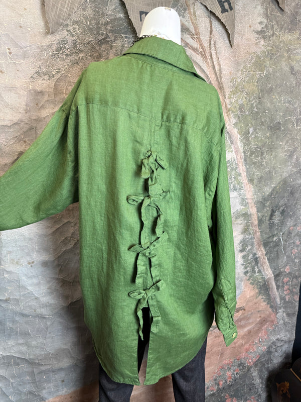 5021 Bettys Linen BF Bow Shirt-Dark Green