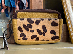 Mustard yellow leather coin pouch with animal print calf hair panel and zipper closure, boutique accessory - 1